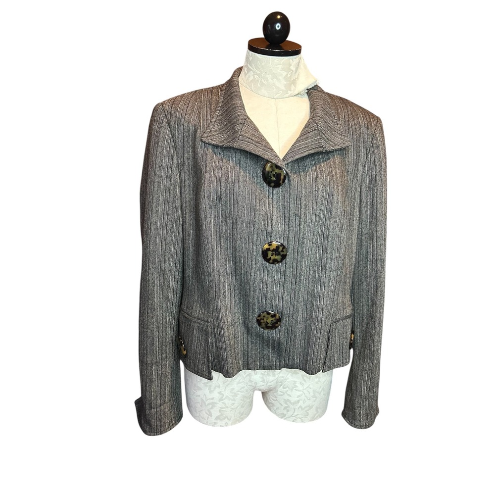 Carlisle Womens Gray Pinstripe‎ Wool Blend Blazer Jacket VTG 12 Tortoise Buttons